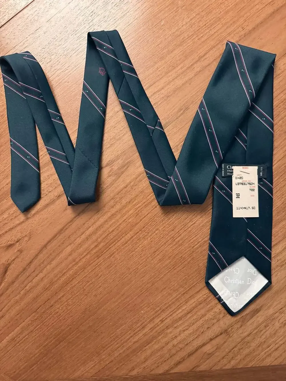 Vintage Christian Dior Monsieur Green Striped Silk Blend Tie - Picture 2 of 4